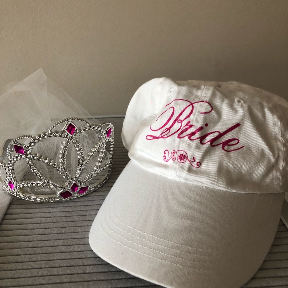 Bachelorette party bride hat, tiara, veil bundle